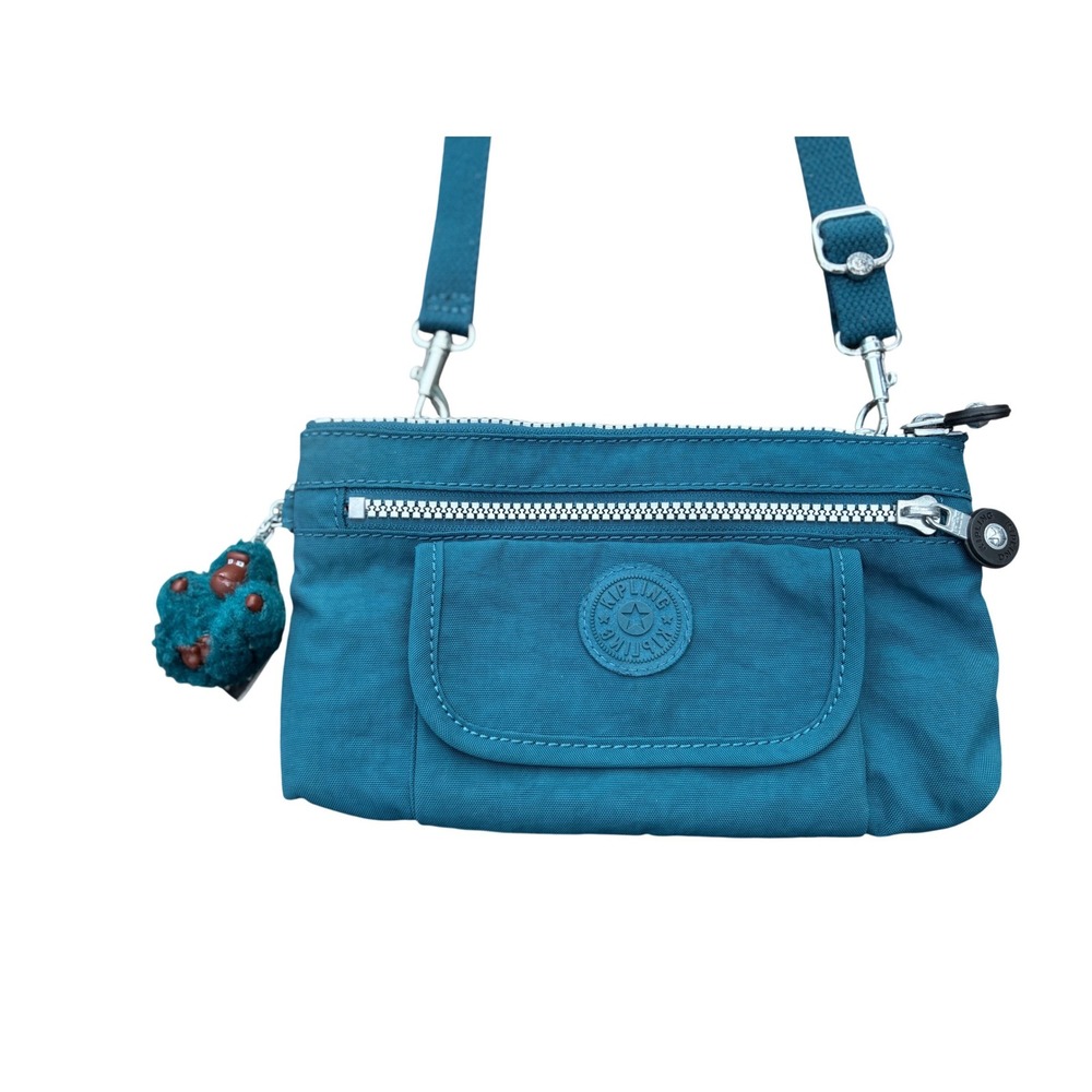 Kipling Multiple Pocket Teal Nylon Crossbody Bag with Monkey Keychain Sven